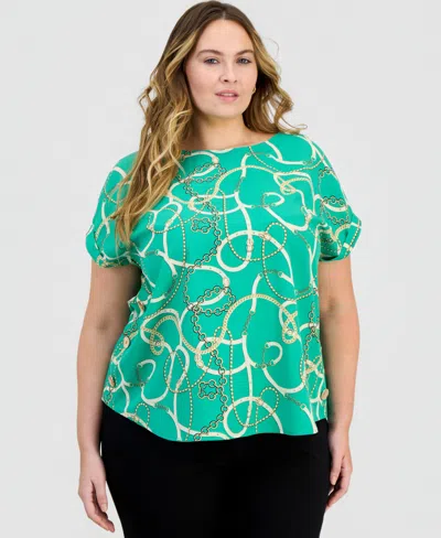 Jones New York Plus Size Printed Boat Neck Short-sleeve Top In Green