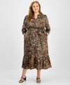 Jones New York Plus Size Printed Elbow-sleeve Dress In Brown