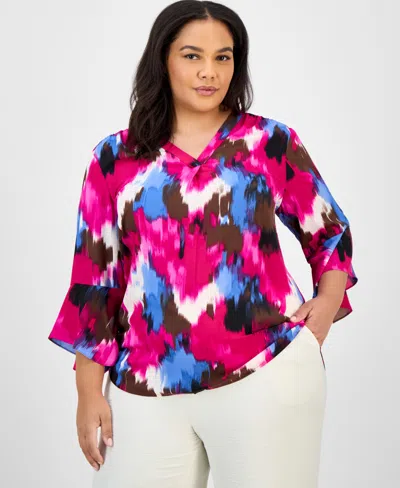 Jones New York Plus Size Printed Flutter-sleeve Blouse In Pink