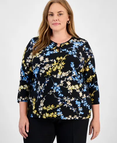 Jones New York Print Keyhole Three-quarter Sleeve Crepe Top In Multi