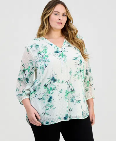 Jones New York Plus Size Printed Swiss Dot Blouson-sleeve Blouse In White