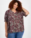 Jones New York Plus Size Printed Tie-neck Short-puff-sleeve Blouse In Multi