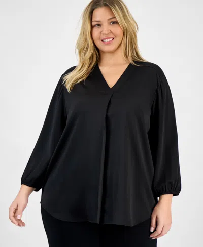 Jones New York Plus Size Satin 3/4-puff Sleeve V-neck Blouse In Black