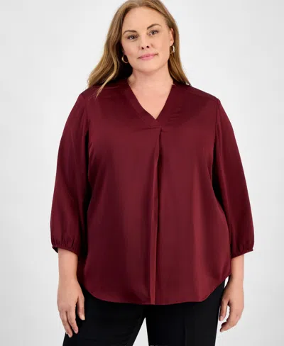 Jones New York Plus Size Satin 3/4-puff Sleeve V-neck Blouse In Burgundy