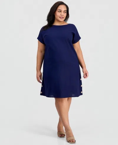 Jones New York Plus Size Short-sleeve Side-button Dress In Blue