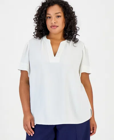 Jones New York Plus Size Split Neck Pleated-cuff Top In White