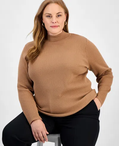 Jones New York Plus Size Sutton Long-sleeve Mock-neck Top In Brown