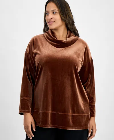 Jones New York Plus Size Velour Cowl-neck Top In Brown