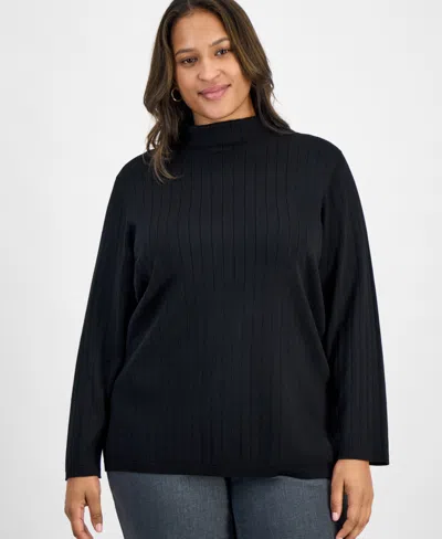 Jones New York Plus Size Wide Rib Funnel-neck Sweater In Black