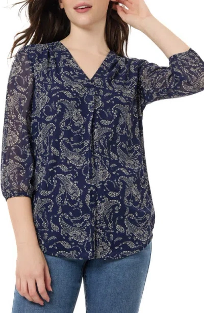 Jones New York Print Front Pleat Top In Pacific Navy