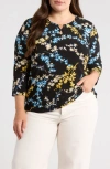 Jones New York Print Keyhole Three-quarter Sleeve Crepe Top In Multi