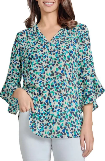 Jones New York Printed Flutter Sleeve Pleat V-neck Top In Jones White Multi