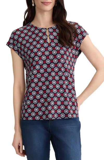 Jones New York Printed Keyhole Crepe Knit Top In Multi