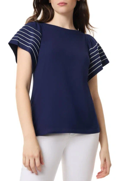 Jones New York Purl Stitch Flutter Sleeve Cotton Blend Knit Top In Pacific Navy