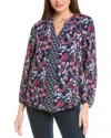 Jones New York Petite Mixed-print V-neck Long-sleeve Top In Blue