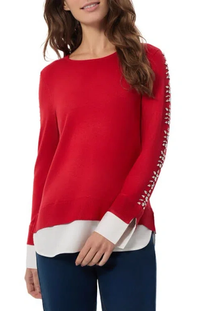 Jones New York Rhinestone Sleeve Detail Layered Sweater In Deep Rouge Combo