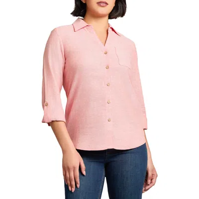 Jones New York Roll-tab Sleeve Linen Blend Shirt In Coral Sun/nyc White