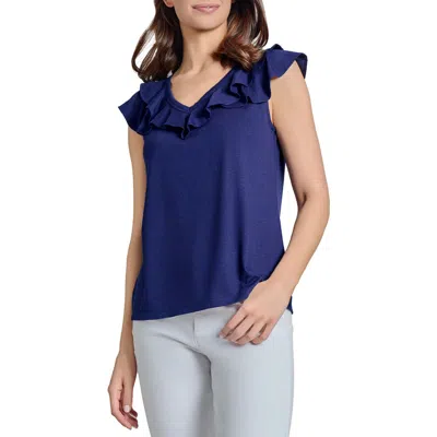 Jones New York Ruffle Neck Sleeveless Knit Top In Pacific Navy