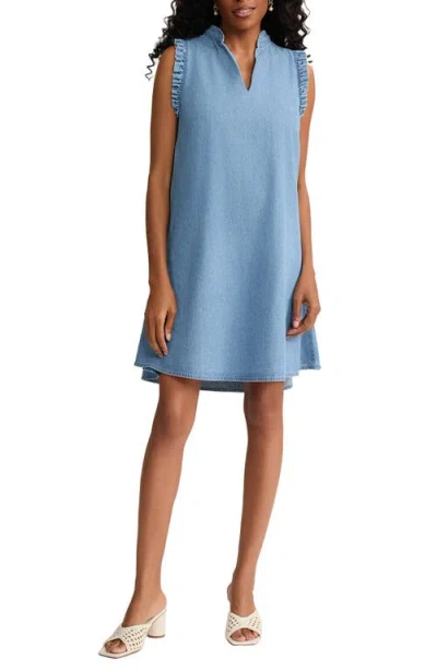 Jones New York Ruffle Sleeveless Chambray Trapeze Dress In Blue