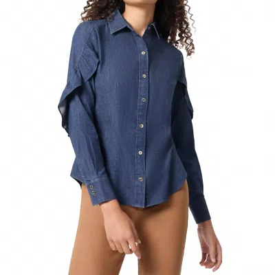 Jones New York Ruffled-sleeve Button-up Long Sleeve Shirt In Dark Wash In Blue