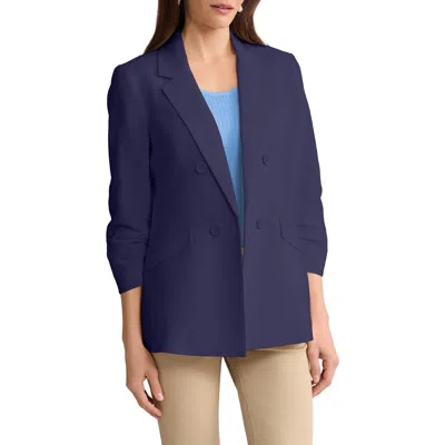 Jones New York Scrunch Sleeve Faux Double Breasted Linen Jacket In Blue