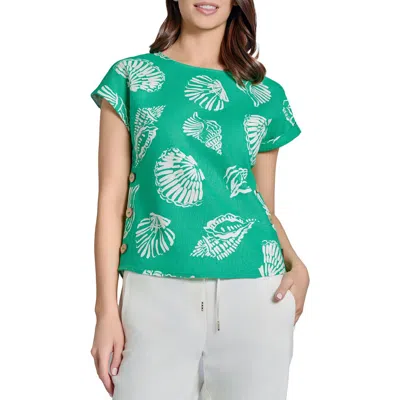Jones New York Seashell Print Side Button Detail Linen Blend Top In Kelly Multi