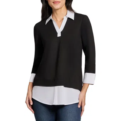 Jones New York Serenity Poplin Trim Knit Top In Jones Black