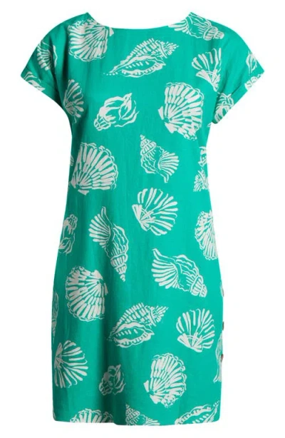 Jones New York Shell Print Short Sleeve Linen Blend Dress In Kelly Multi