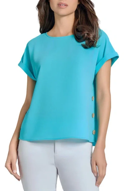 Jones New York Side Button Detail Crepe Top In Aqua Wave
