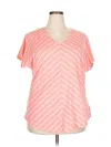 Jones New York Signature Short Sleeve Top Pink Stripes Pattern V Neck Tops In Pink