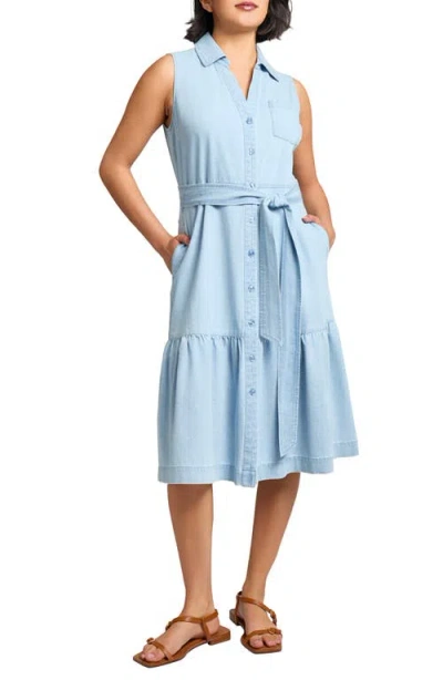 JONES NEW YORK JONES NEW YORK SLEEVELESS TIERED BELTED DENIM SHIRTDRESS