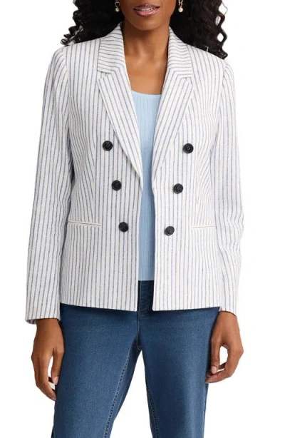 Jones New York Stripe Faux Double Breasted Linen Blend Jacket In Neutral