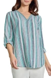 Jones New York Stripe Linen Blend Popover Top In Nyc White/teal Multi