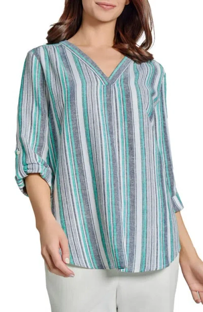 Jones New York Stripe Linen Blend Popover Top In Nyc White,teal Multi