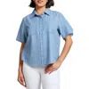 Jones New York Stripe Short Sleeve Chambray Button-up Shirt In Blue