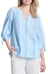 Jones New York Stripe Three Quarter Sleeve Linen Blend V-neck Top In Nyc White/turquorise Multi