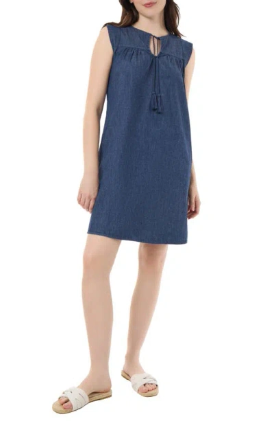 Jones New York Tie Neck Denim Shift Dress In Blue