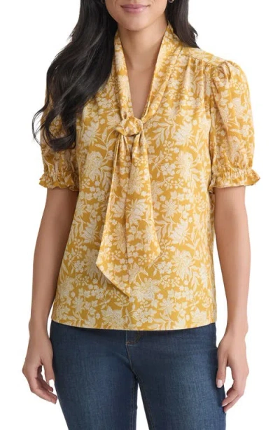 Jones New York Tie Neck Puff Sleeve Top In Yellow