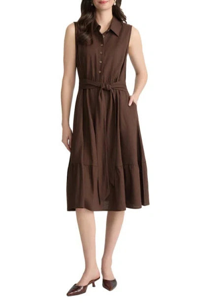 Jones New York Belted Linen-blend Midi Shirtdress In Burgundy