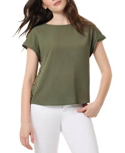 Jones New York Top Women's Petite Green Short Sleeve Round Neck Fts1164