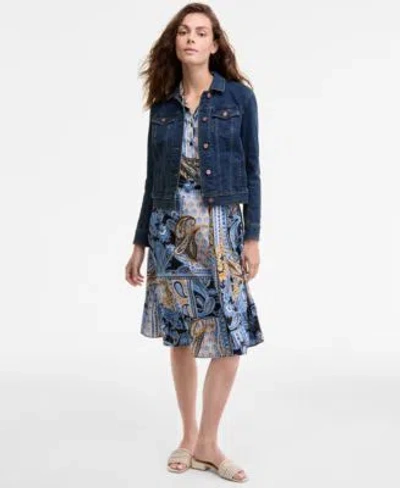 Jones New York Trucker Jacket Tie Waist Shirtdress In Blue