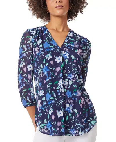 JONES NEW YORK TUNIC TOP WOMEN'S NAVY MULTI FLORAL V-NECK BLOUSE FTS1186