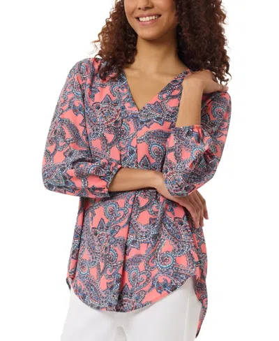 Jones New York Tunic Top Women's P Multi Paisley Print Chiffon V-neck Fts1185