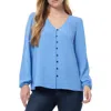 Jones New York Women's V Neck Button Front Top With Long Sleeves Jasper Crepe In Blue Horizon
