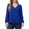 Jones New York Women's V Neck Button Front Top With Long Sleeves Jasper Crepe In Sapphire