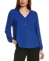 Jones New York Women's V Neck Button Front Top With Long Sleeves Jasper Crepe In Blue