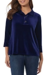 Jones New York Women's Stretch Velour 3/4 Sleeve Popover Collar Top In Dark Sapphire
