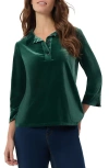 Jones New York Women's Stretch Velour 3/4 Sleeve Popover Collar Top In Forest Green