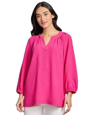 JONES NEW YORK WOMEN'S 3 QUARTER SLEEVE NOTCH NECK POPOVER DOTTED BLOUSE