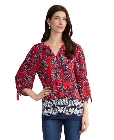 Jones New York Leaf Print Tie Cuff Raglan Sleeve Top In Red